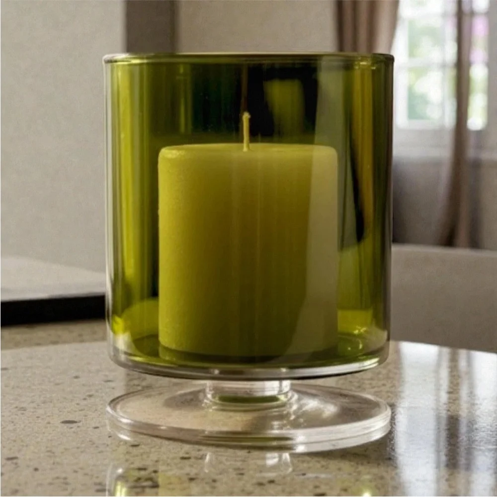 Crate&Barrel London Mini Hurricane Candle Holder Olive Green Glass Pedestal 5.5T - Picture 2 of 13